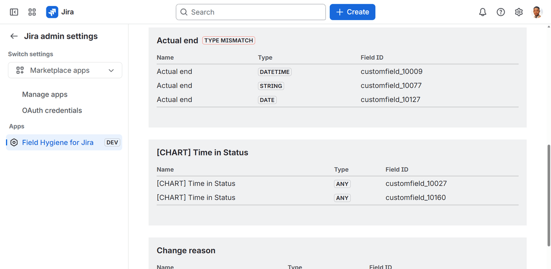 Field Hygiene's Duplicates page showing a type-mismatch warning on a colliding field group.