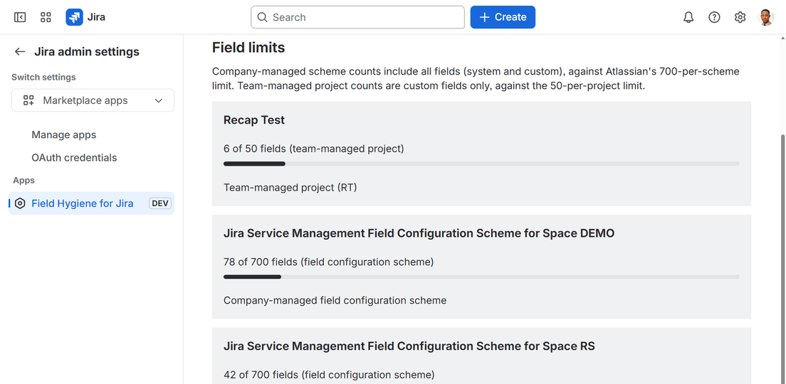 Field Hygiene's Field limits page showing guardrail gauges for field configuration schemes and team-managed projects.